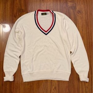 Vintage I Magnin Cream V-Neck Sweater with Red & Navy Trim